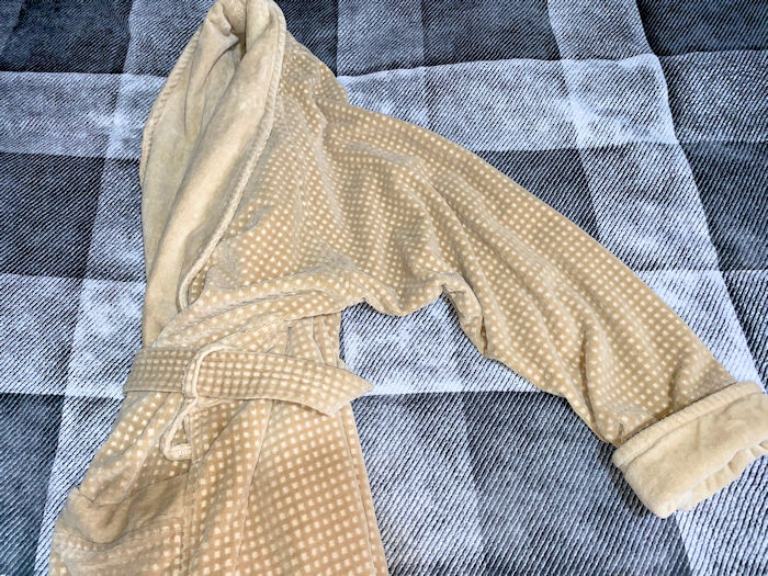 Mosaic Coloured 100% Cotton Velour Spa Bathrobe side view on bed