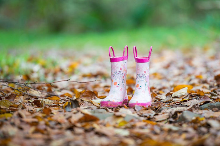 pink handle wellies, autumn leaves